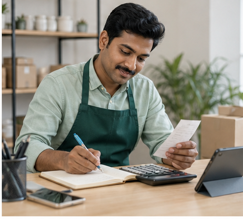 Comerciante registrando ingresos y gastos
