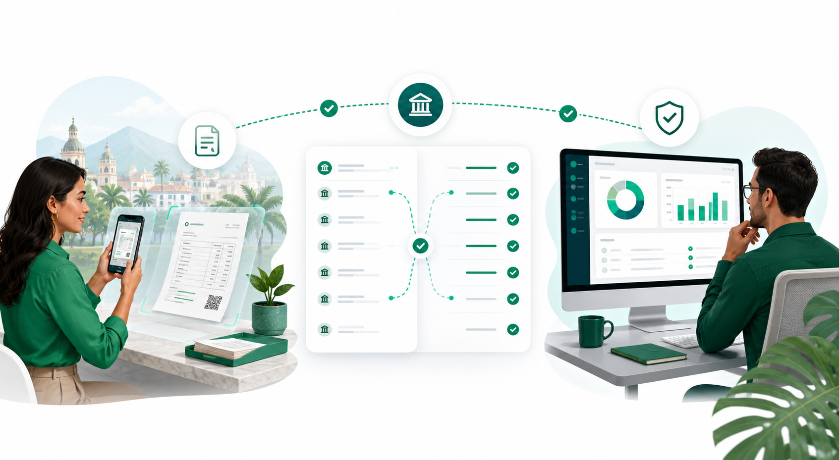 Flujo visual de escaneo, conciliación bancaria y trazabilidad